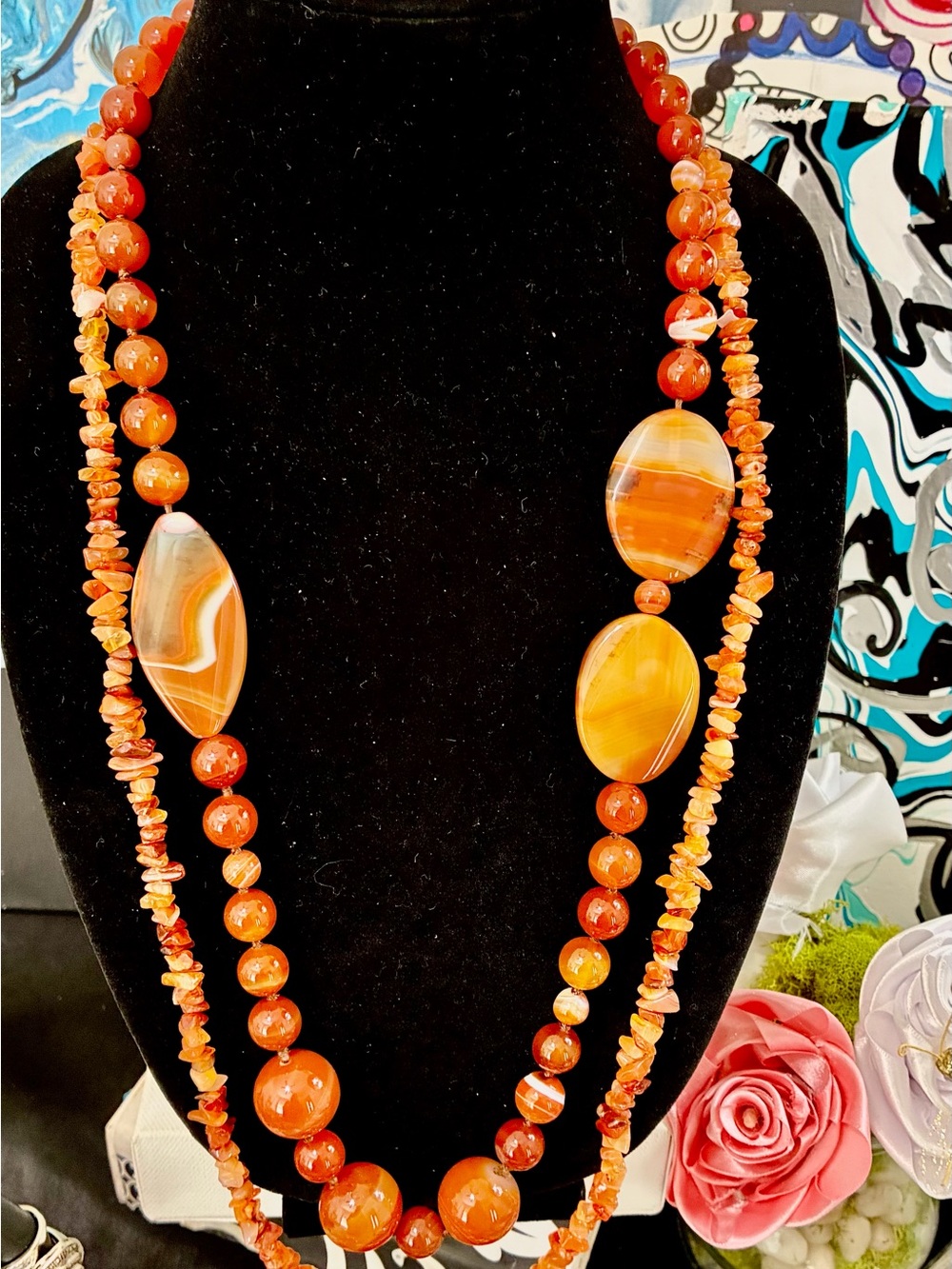 Pristine NOS VINTAGE Genuine carnelian and banded agate,